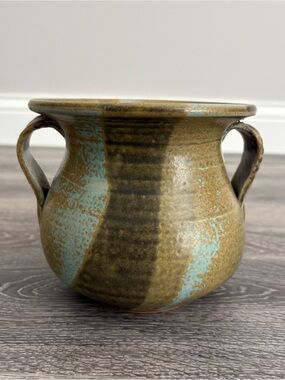 Handcrafted Two-Handle Ceramic Vase in Olive Green and Light Blue